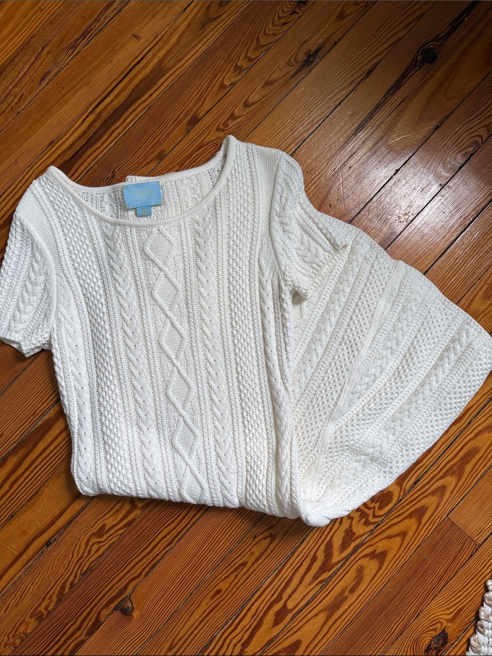 CeCe Cream Cable Knit Short-Sleeve Crew Sweater Dress